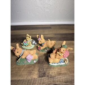 Set Of 4 Resin Spring Rabbits, Various Poses, Enjoying Spring Appx 4" Easter